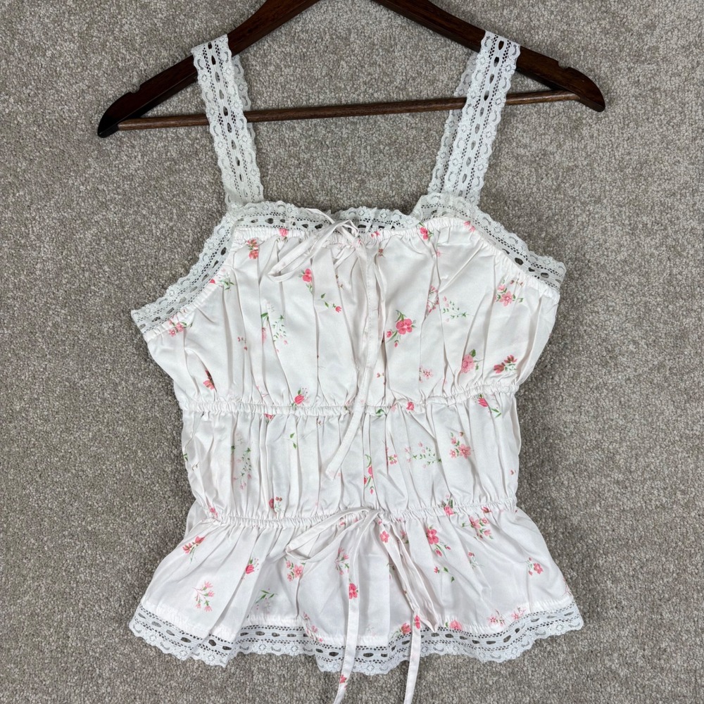 Us Together Floral Lace Trim Smocked Camisole Top Pink White Medium